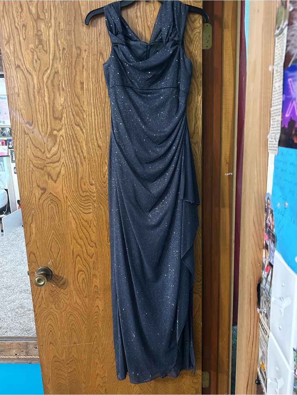Alex Evenings Navy Sparkle Cowl Neck Draped Evening Gown